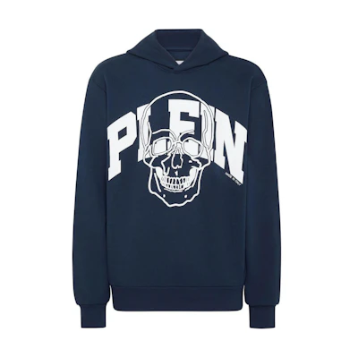 PHILIPP PLEIN SS24 Navy Logo Skull Print Loose Fit Hoodie FADC-MJB3383-PJY002N-NAVY