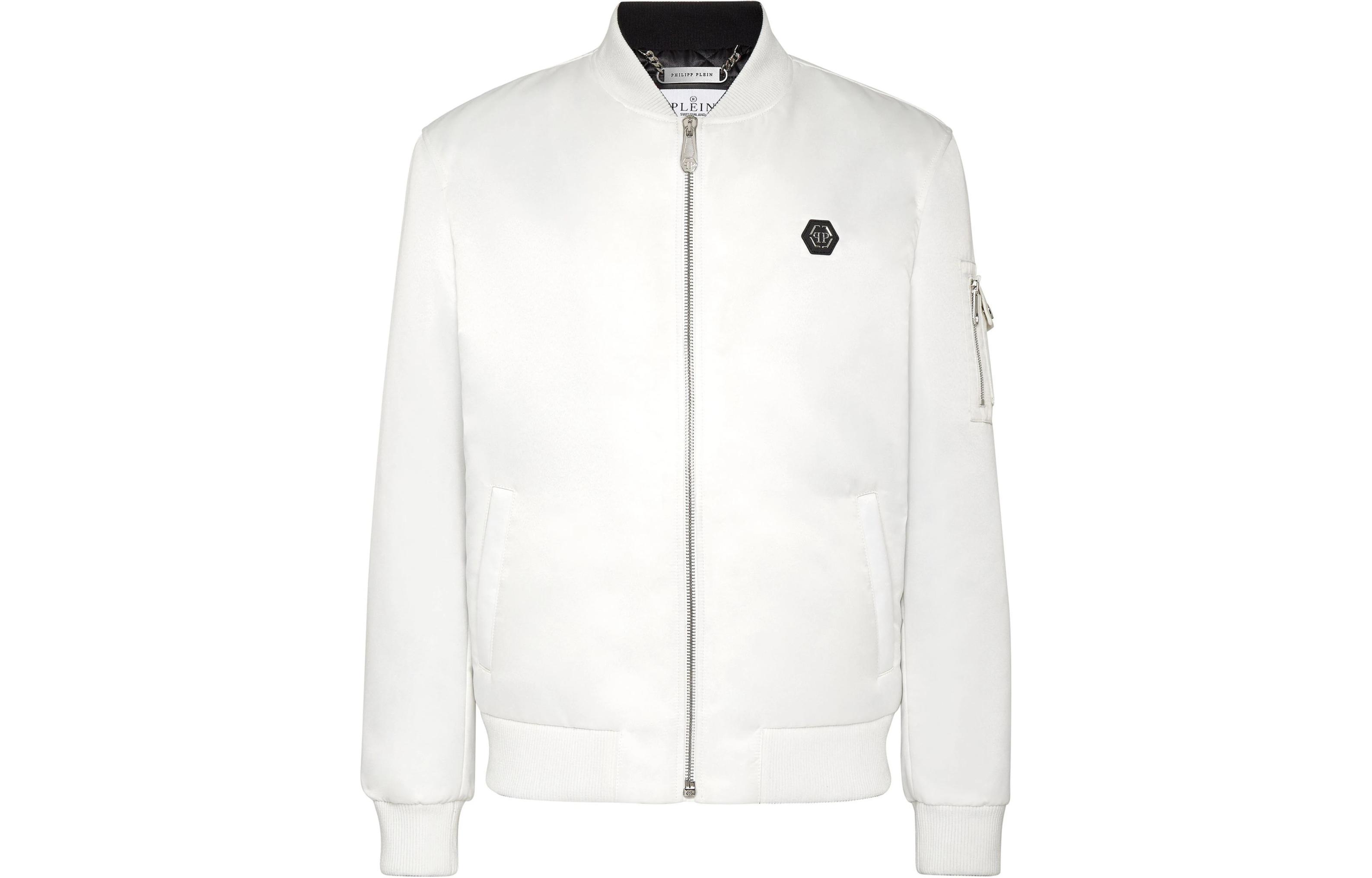 PHILIPP PLEIN SS24 Skull Logo Patch Bomber Jacket White Casual Outerwear SADC-MRB2360-PTE003N-01