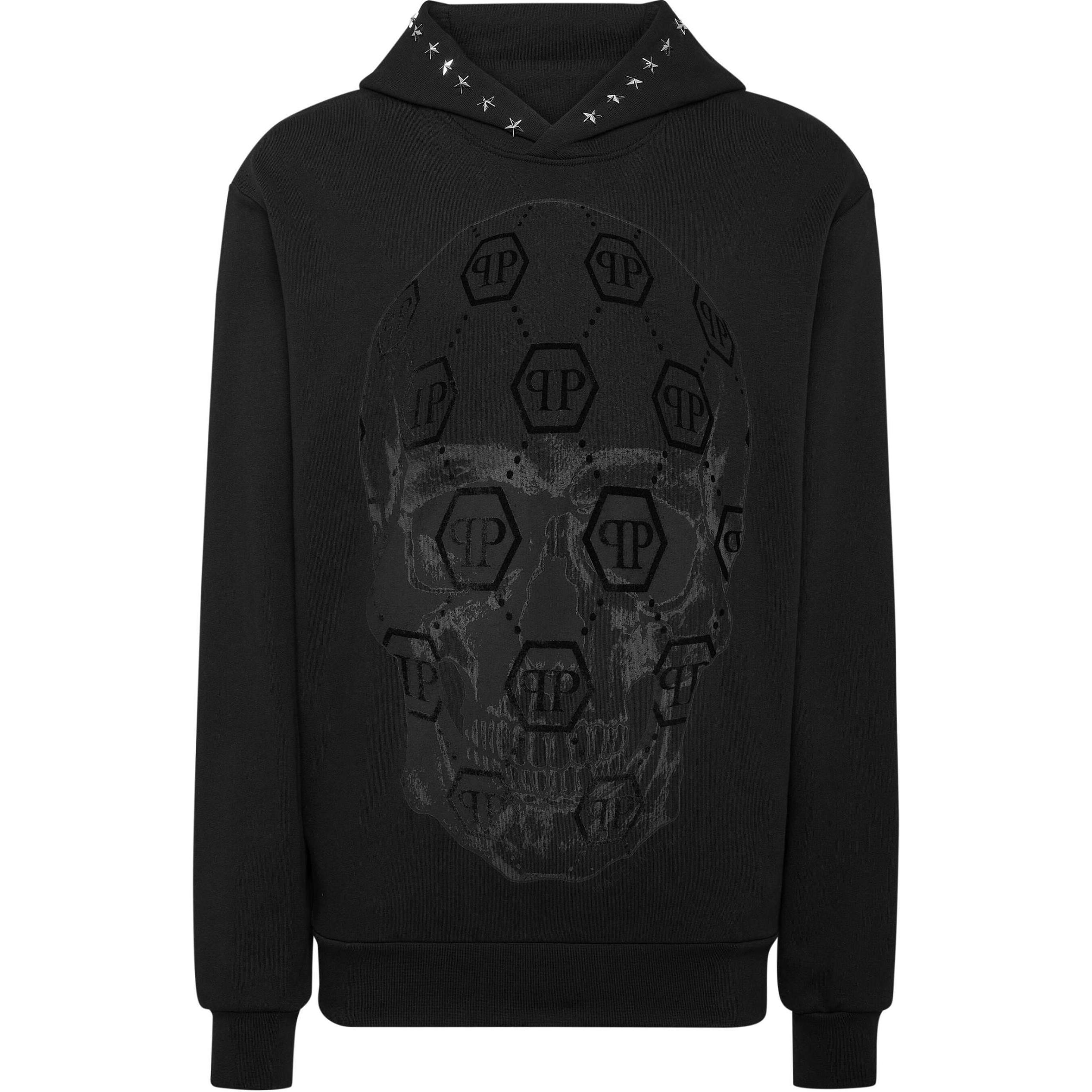 PHILIPP PLEIN SS24 Skull Print Black Hoodie Long Sleeve for Men AADC-MJB3522-PJY002N-BLACK