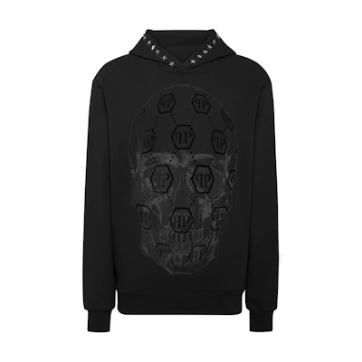 PHILIPP PLEIN SS24 Skull Print Black Hoodie Long Sleeve for Men AADC-MJB3522-PJY002N-BLACK