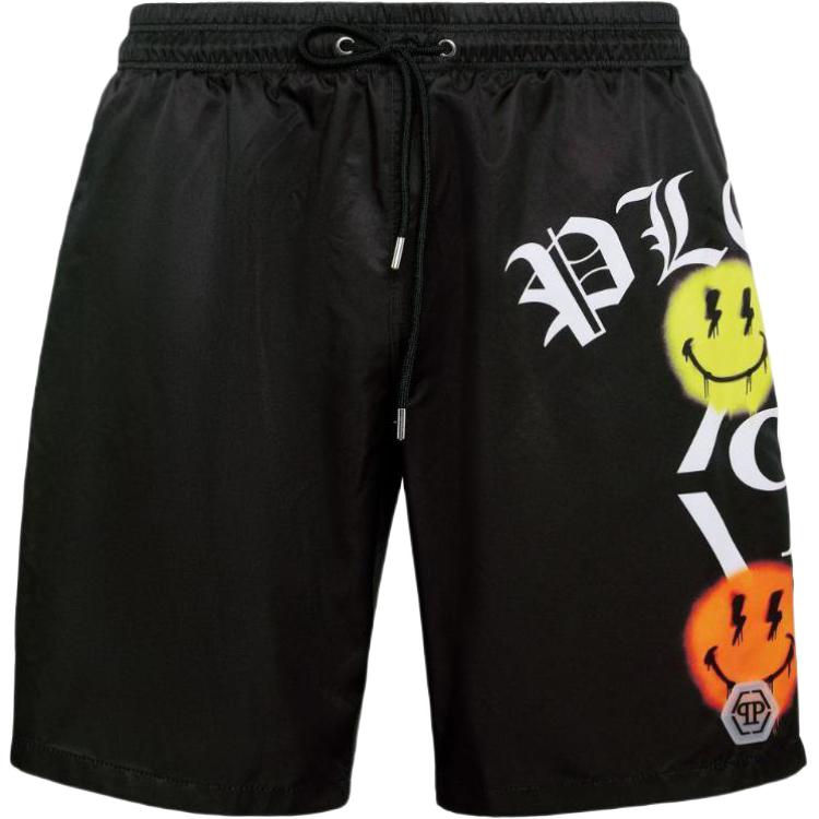 PHILIPP PLEIN SS24 Smiley Logo Drawstring Beach Shorts Black Men’s PADC-MMX0145-PNY002N-02