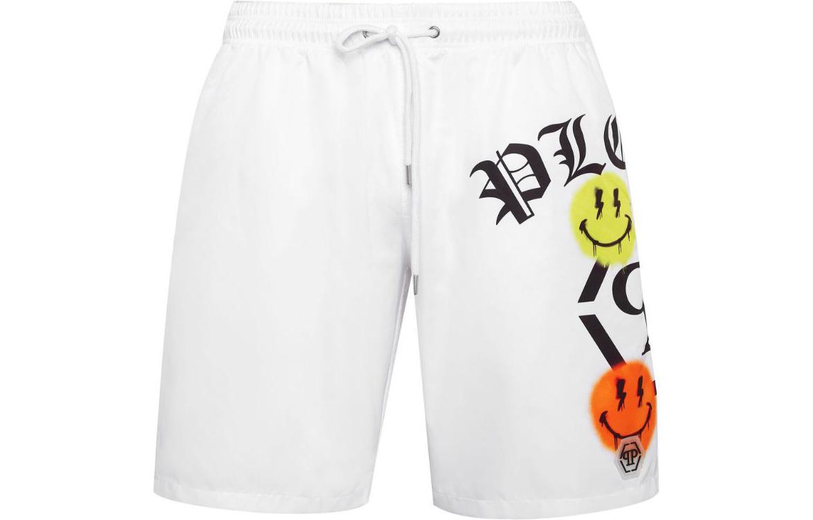 Philipp Plein SS24 Smiley Logo Print Drawstring Beach Shorts White (). PADC-MMX0145-PNY002N-01
