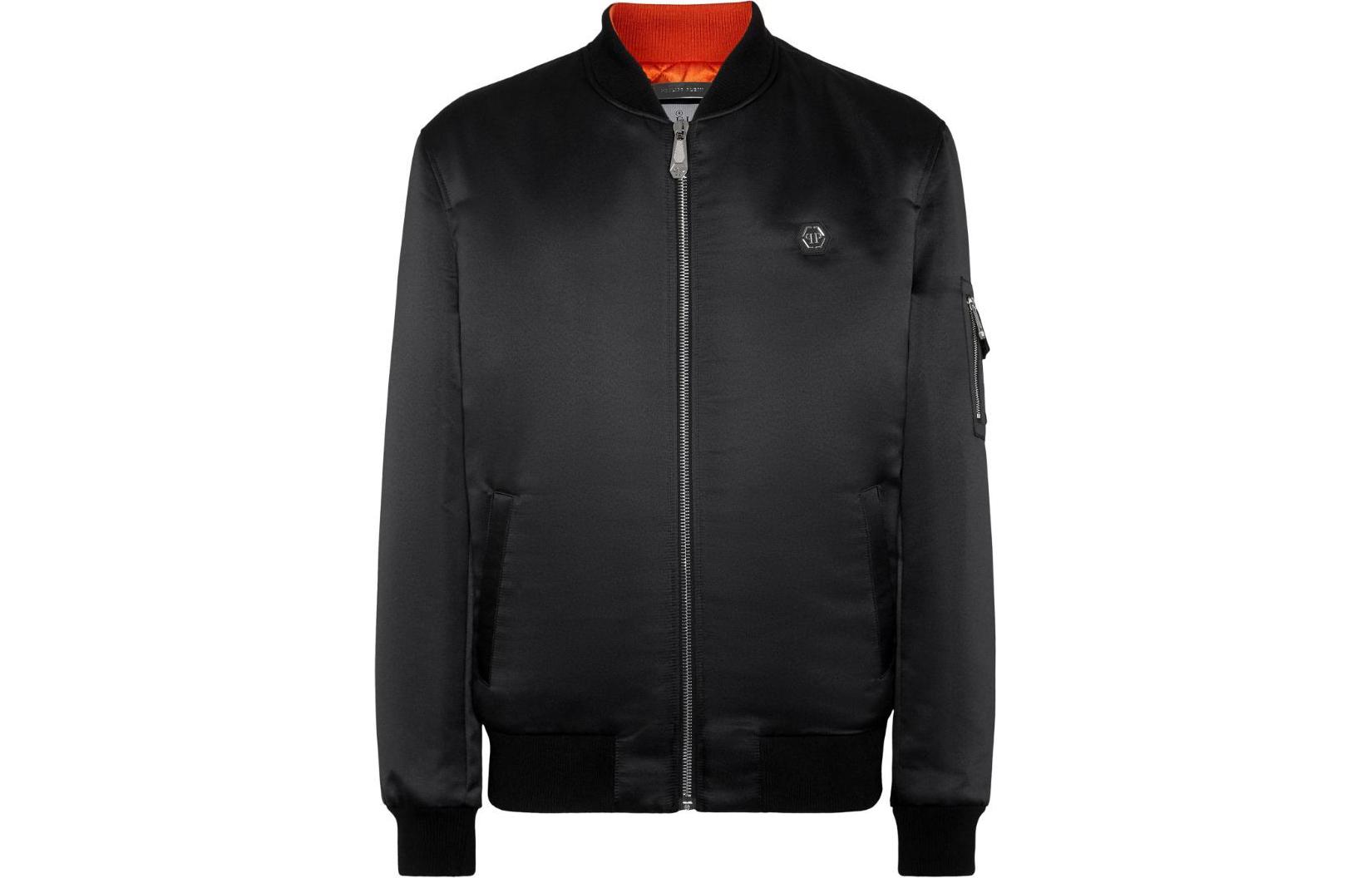 PHILIPP PLEIN SS24 Solid Logo Patch Bomber Jacket Black SADC-MRB2360-PTE003N-02