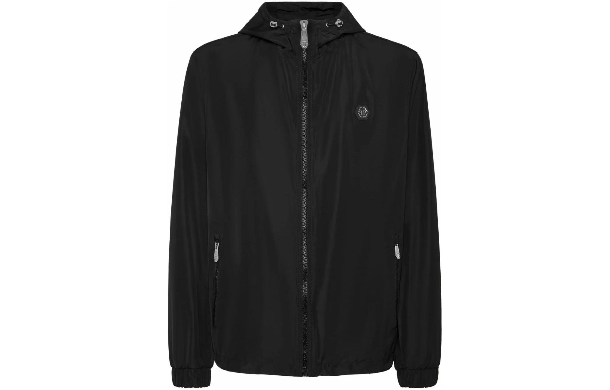 PHILIPP PLEIN SS24 Solid Logo Patch Hoodie Jacket Men’s Black PADC-MRB2457-PNY002N-02