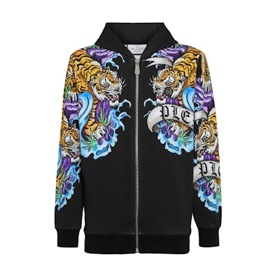 PHILIPP PLEIN SS24 Tattoo Print Logo Zip Hoodie Black Long Sleeve FADC-MJB3272-PJO002N-BLACK