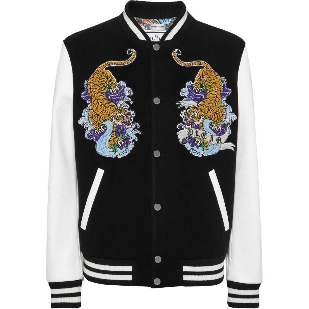 PHILIPP PLEIN SS24 Tiger Appliqué Bomber Jacket Black FADC-MLB1851-PTE120N-02