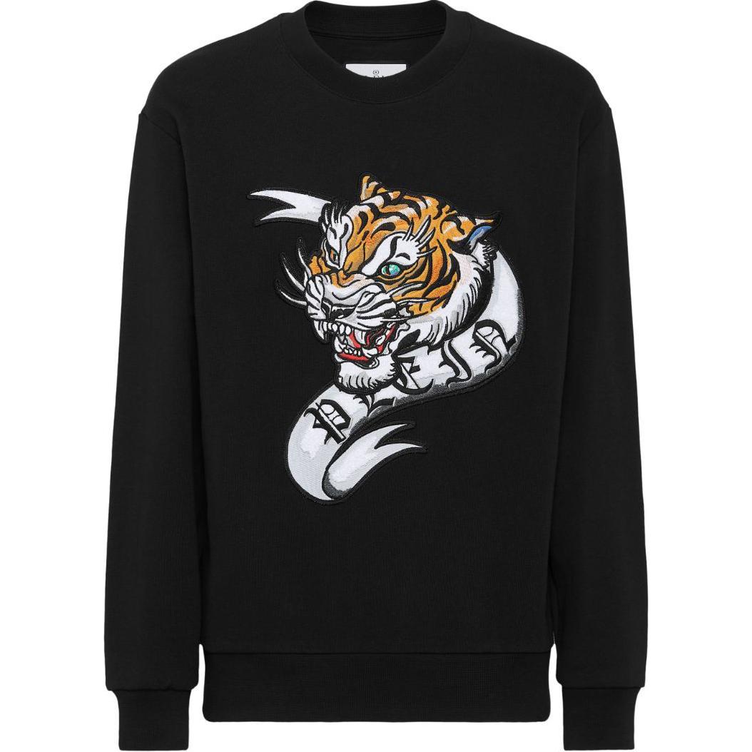 PHILIPP PLEIN SS24 Tiger Print Crewneck Long Sleeve Sweatshirt Black FADC-MJO1186-PJO002N-BLACK