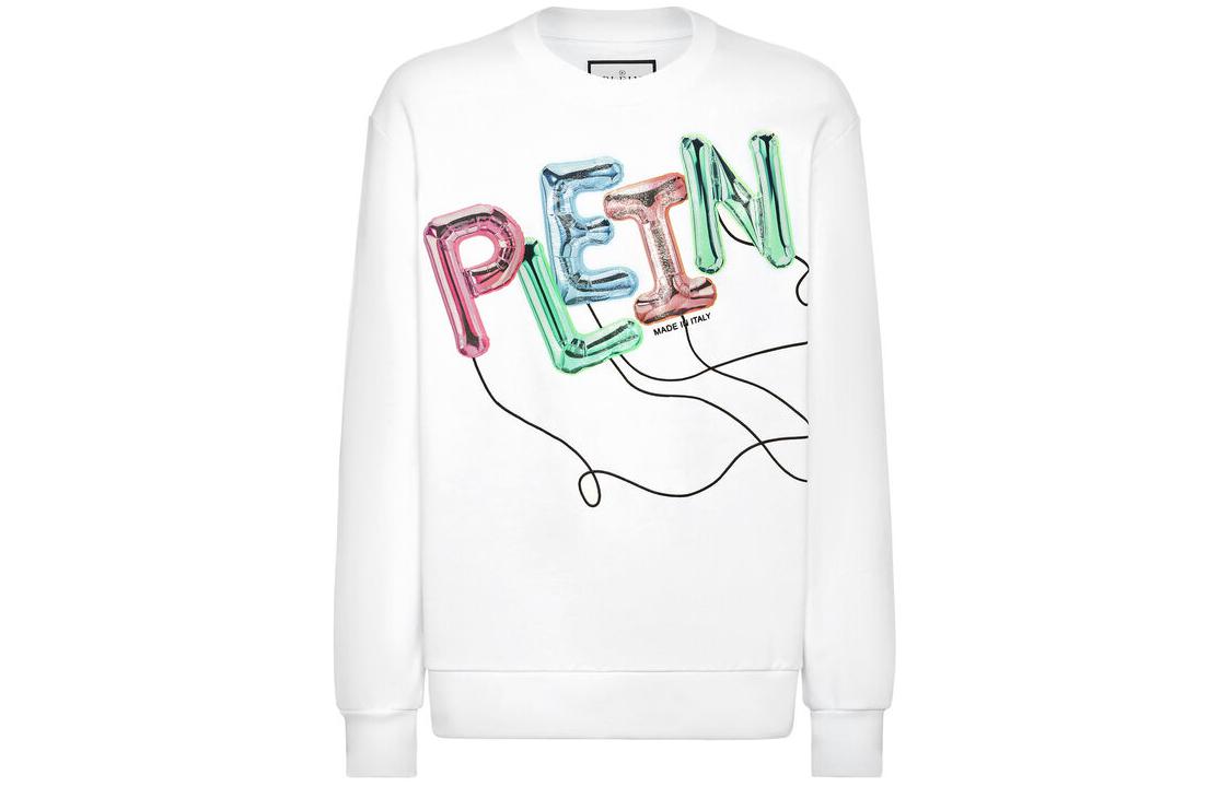PHILIPP PLEIN SS24 White Logo Print Crewneck Sweatshirt Long Sleeve PADC-MJO1178-PJO002N-01