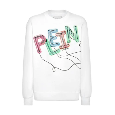 PHILIPP PLEIN SS24 White Logo Print Crewneck Sweatshirt Long Sleeve PADC-MJO1178-PJO002N-01