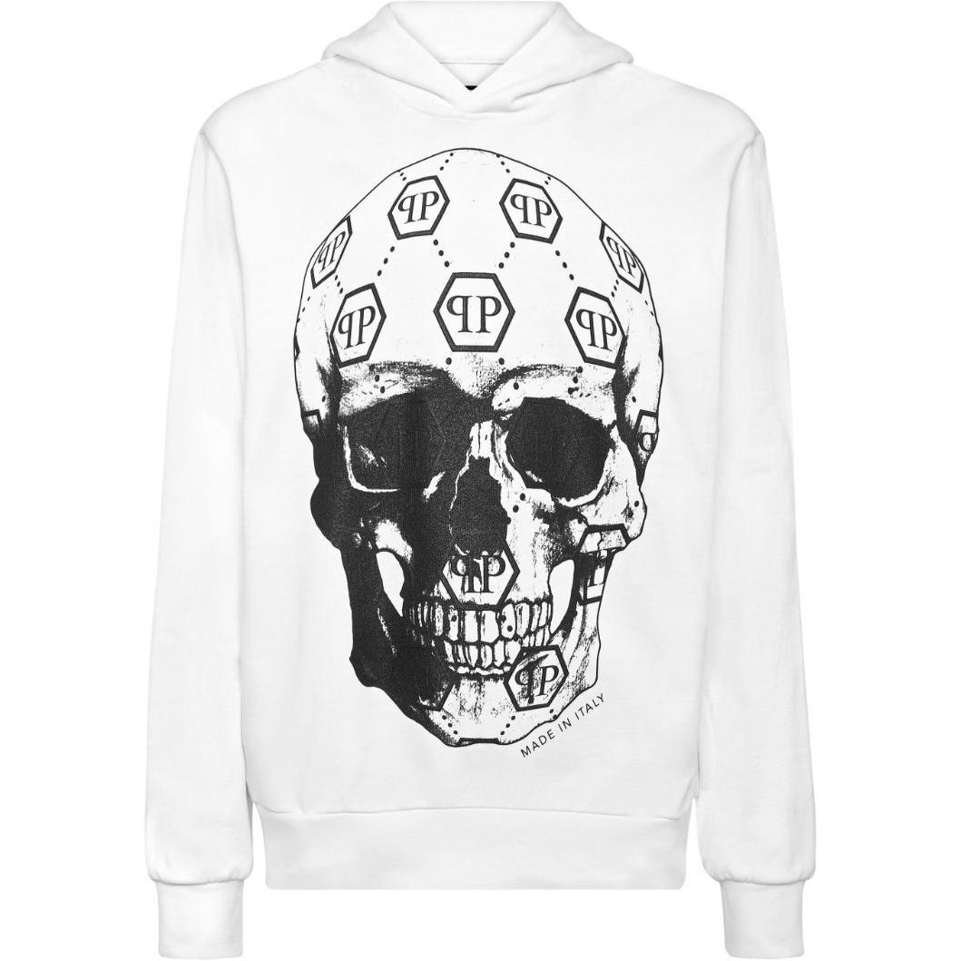 PHILIPP PLEIN SS24 White Logo Skull Print Hooded Long-Sleeve Sweatshirt AADC-MJB3485-PJY002N-01