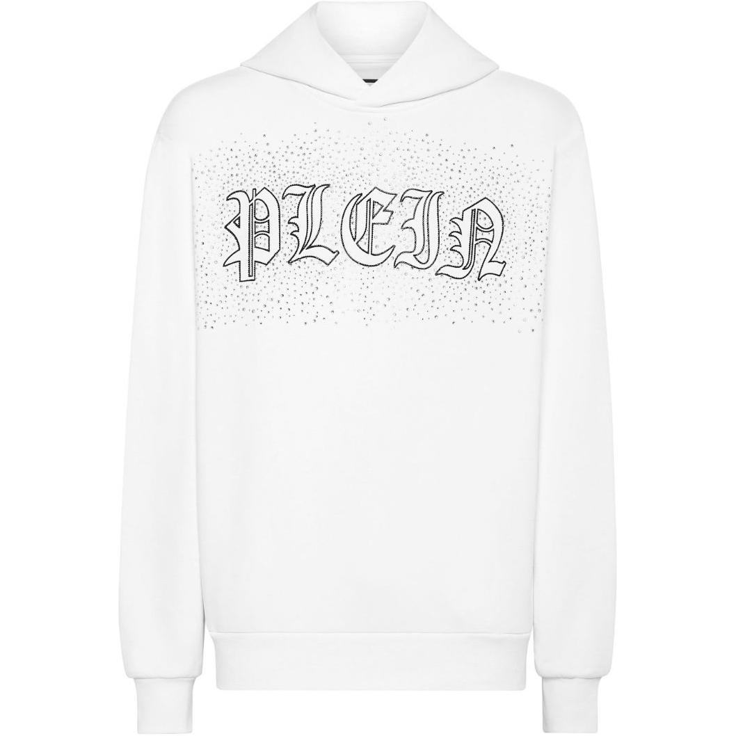 PHILIPP PLEIN SS24 White Loose Fit Hoodie with Embellished Logo Print FADC-MJB3368-PJY002N-WHITE