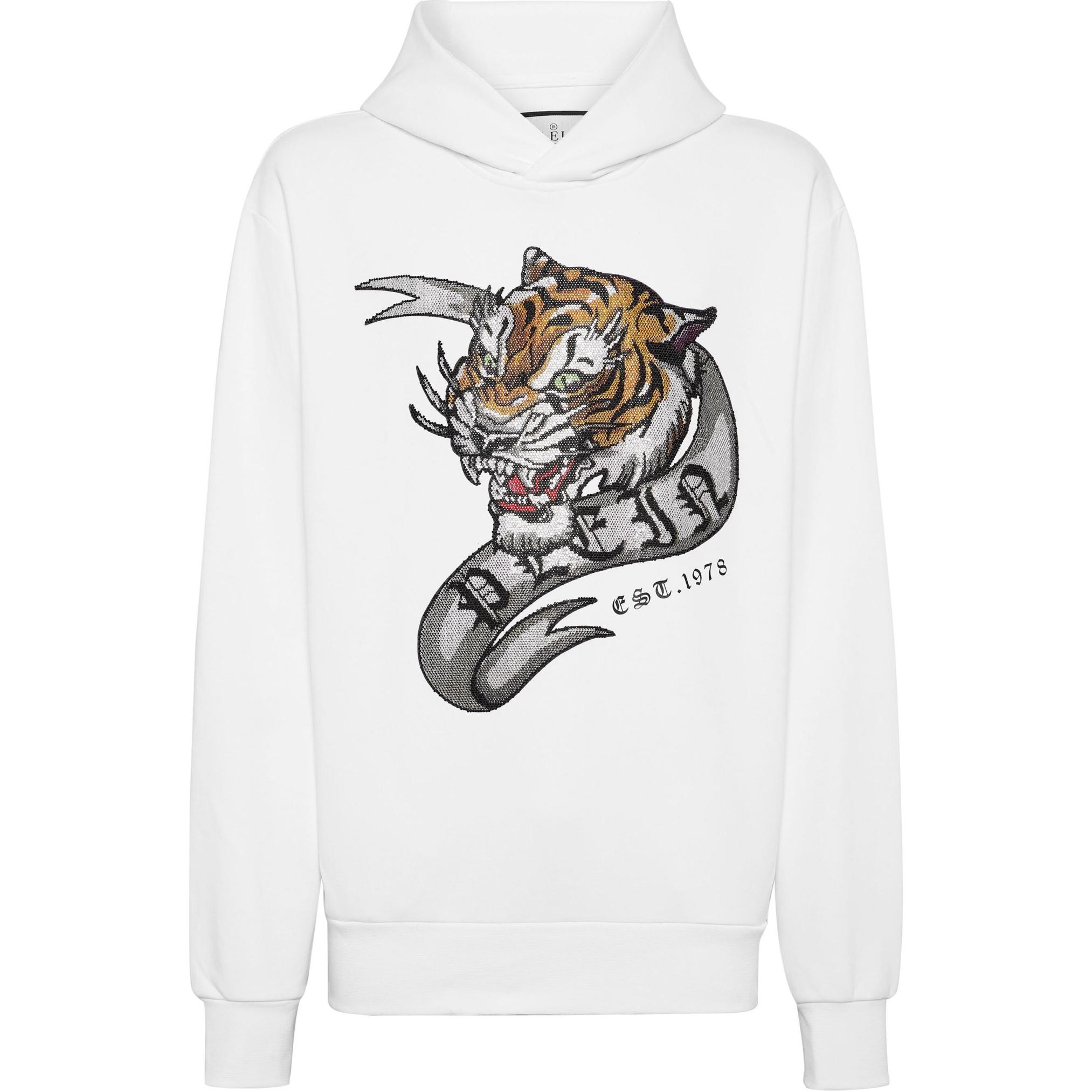 PHILIPP PLEIN SS24 White Tiger Print Crystal Hoodie FADC-MJB3456-PJY002N-01