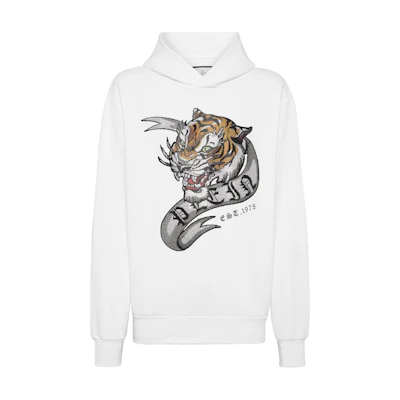 PHILIPP PLEIN SS24 White Tiger Print Crystal Hoodie FADC-MJB3456-PJY002N-01
