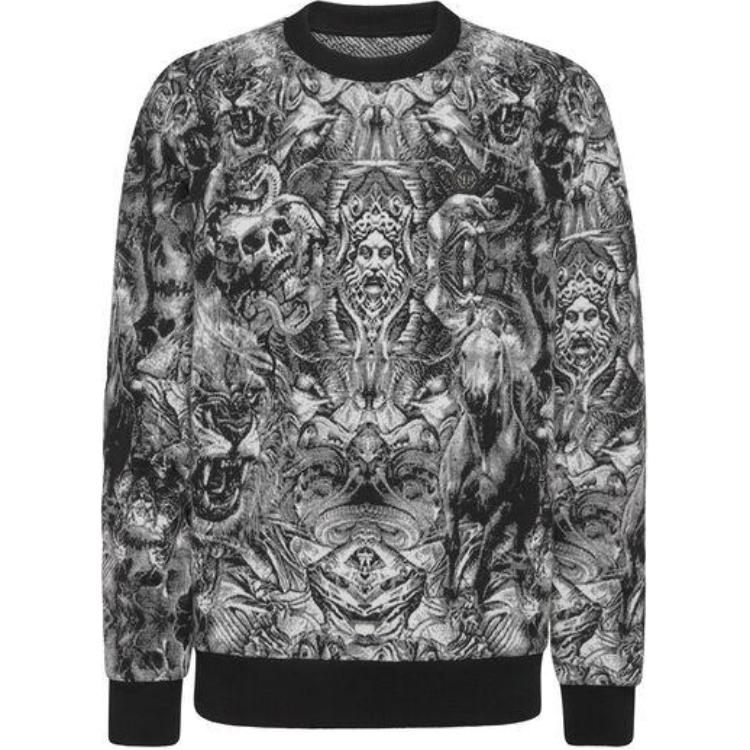 PHILIPP PLEIN Tattoo Print Knit Pullover Round Neck Sweatshirt Black AACC-MKO1301-PKN002N-02