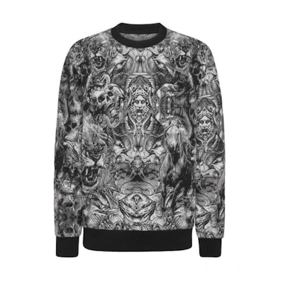 PHILIPP PLEIN Tattoo Print Knit Pullover Round Neck Sweatshirt Black AACC-MKO1301-PKN002N-02