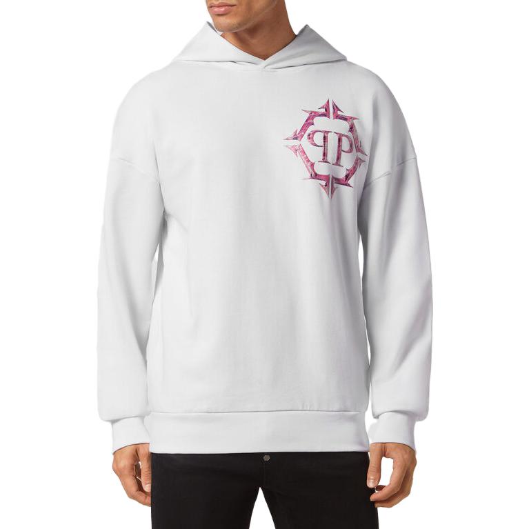 Lookbook 菲利普普莱因白色镀铬标志印花长袖连帽卫衣 AACC-MJB3154-PJO002N-01