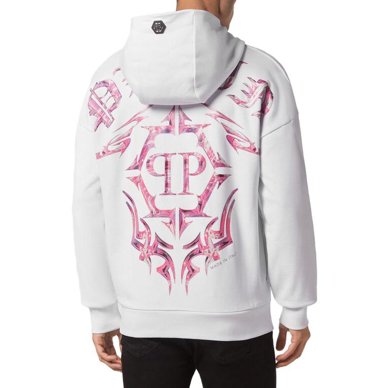 Shop 菲利普普莱因白色镀铬标志印花长袖连帽卫衣 AACC-MJB3154-PJO002N-01