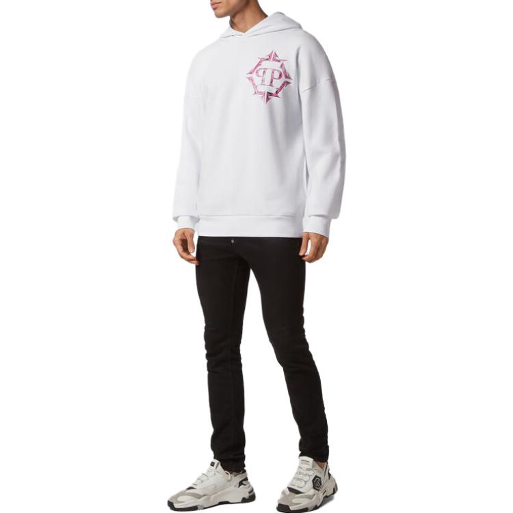Purchase 菲利普普莱因白色镀铬标志印花长袖连帽卫衣 AACC-MJB3154-PJO002N-01