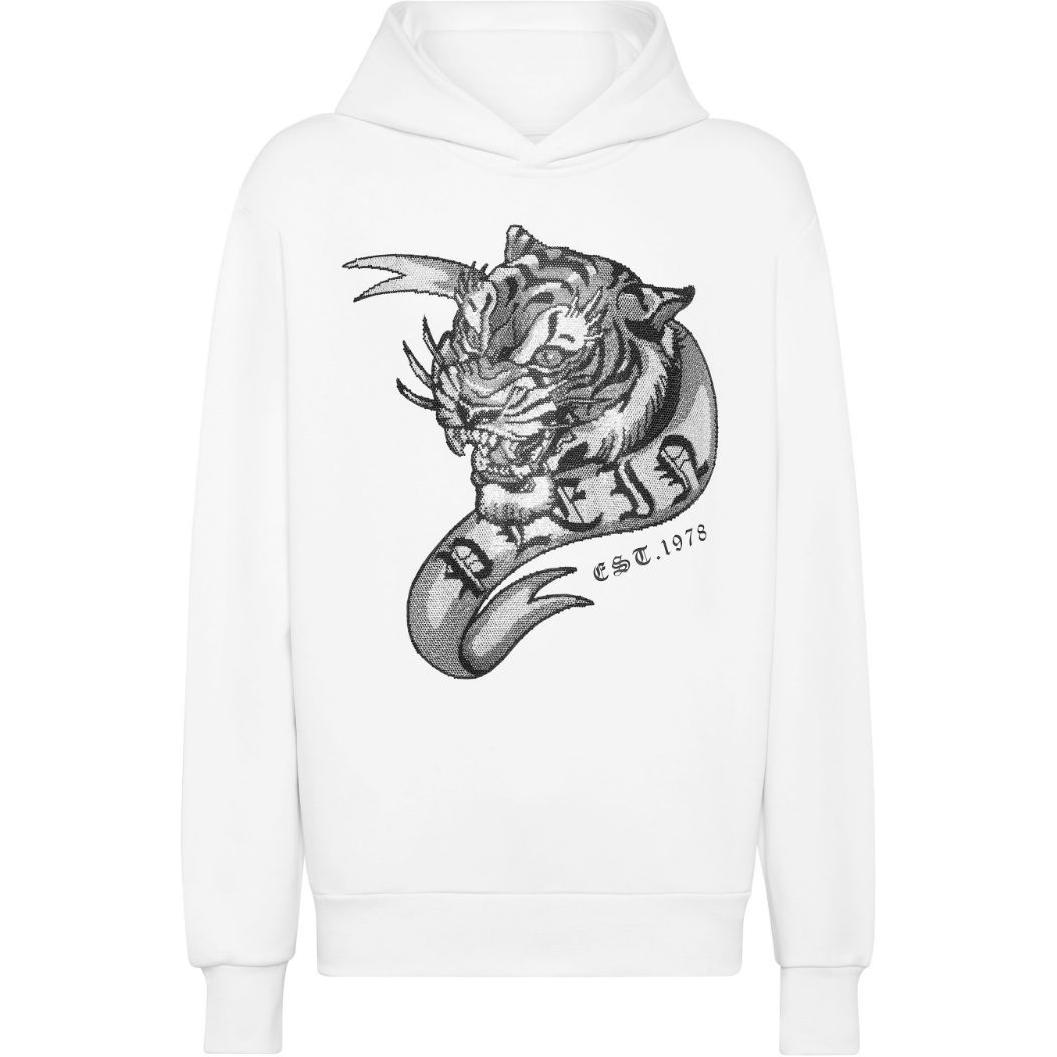 PHILIPP PLEIN White Hoodie with Tiger Print Design FADC-MJB3455-PJY002N-WHITE