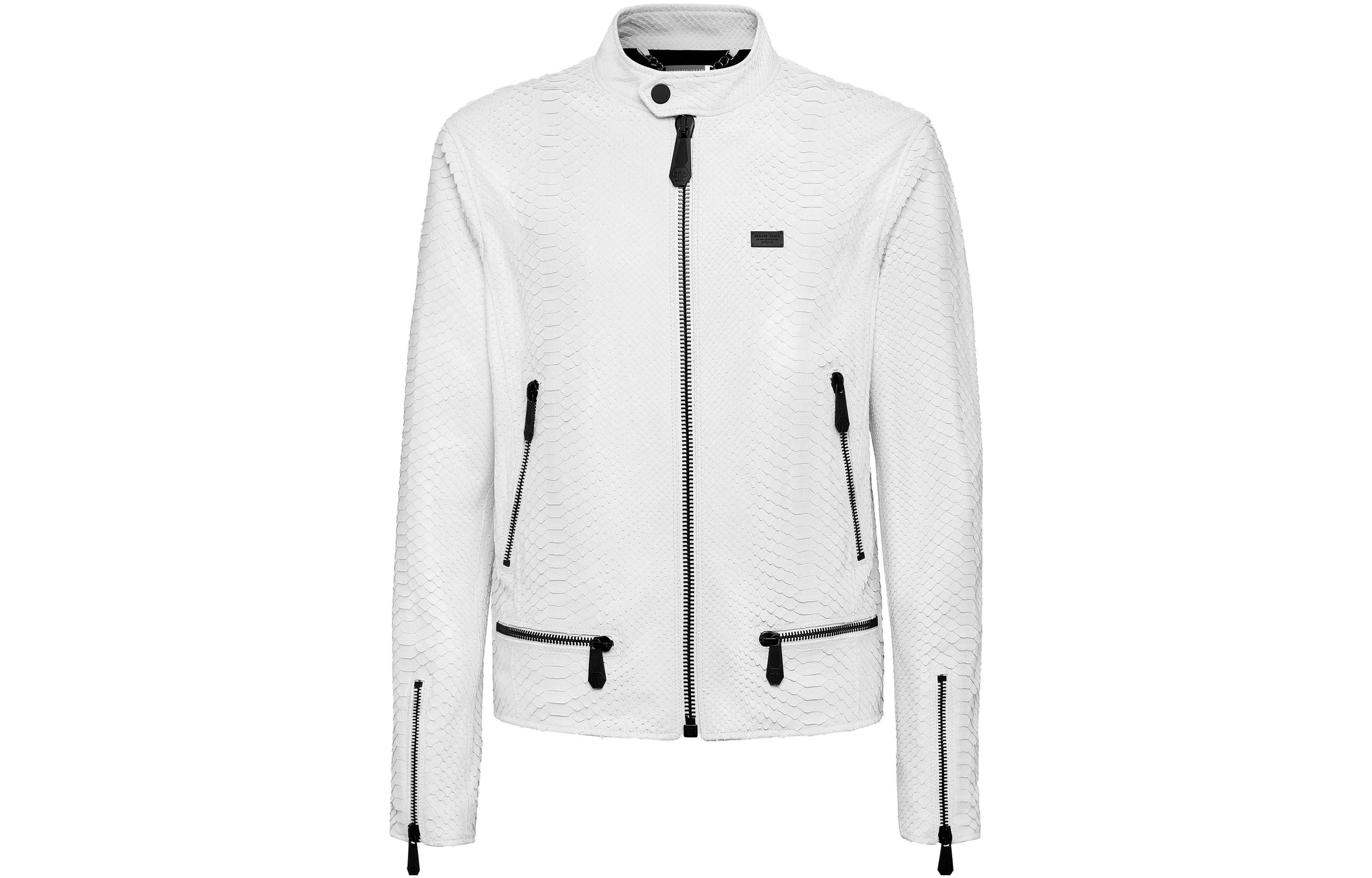 PHILIPP PLEIN White Leather Jacket Luxury Loose Fit Zip-Up Long Sleeve PAAC-MLB1361-PLE029P-01