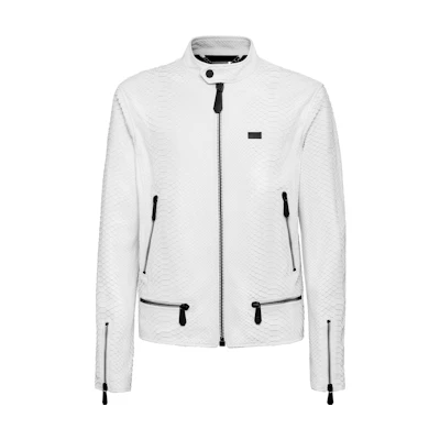 PHILIPP PLEIN White Leather Jacket Luxury Loose Fit Zip-Up Long Sleeve PAAC-MLB1361-PLE029P-01