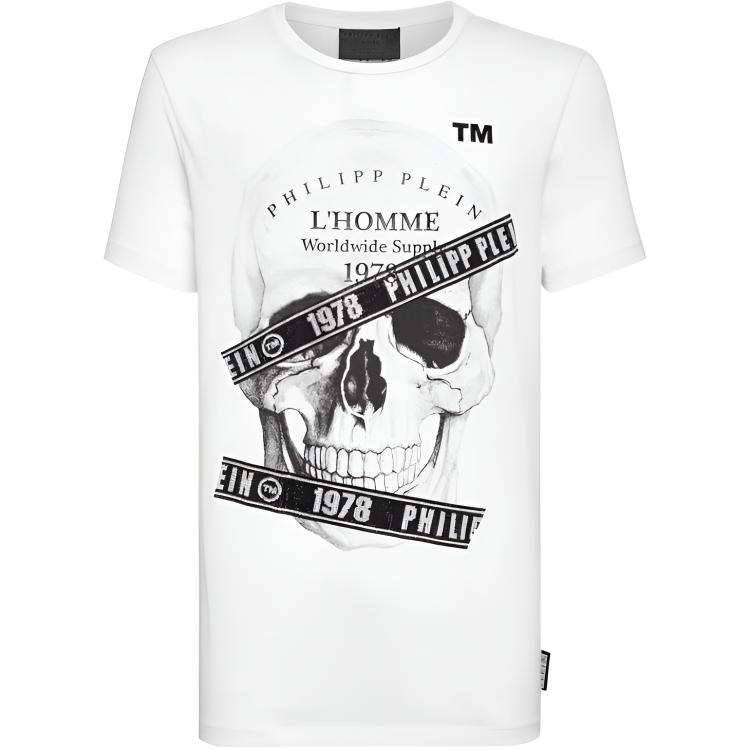 Philipp Plein White Skull Letter Print Crewneck Tee  Short Sleeve T-Shirt MTK3033-PJY002N-01