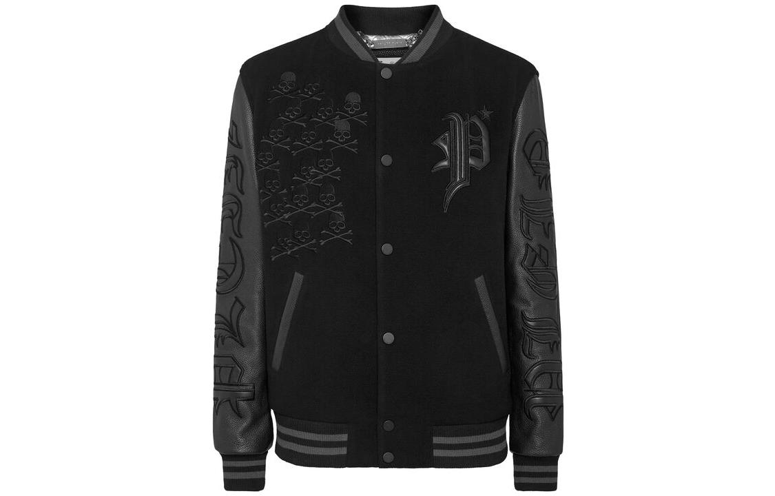 PHILIPP PLEIN Wool College Bomber Jacket with Leather Sleeves Black Gothic Style AACC-MLB1778-PLE131N-02