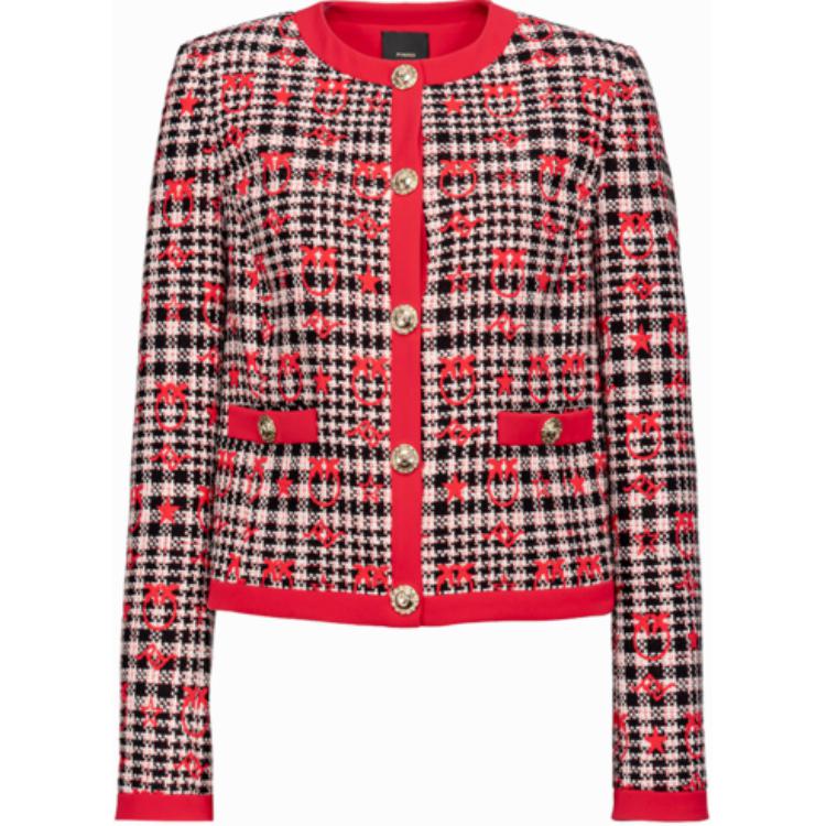 PINKO  Red Plaid Cropped Jacket with Button Closure and Long Sleeves. 100945A0N2-ZF6