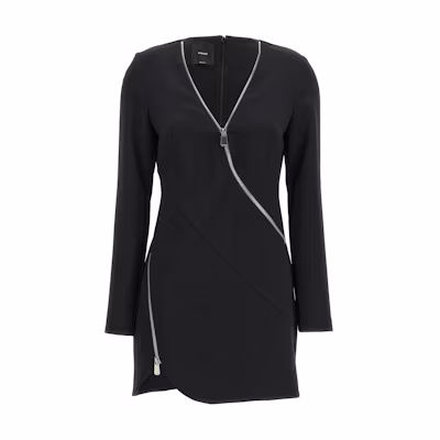 PINKO Black V-Neck Long Sleeve Mini Dress with Asymmetrical Hem. 103904A20A-Z99
