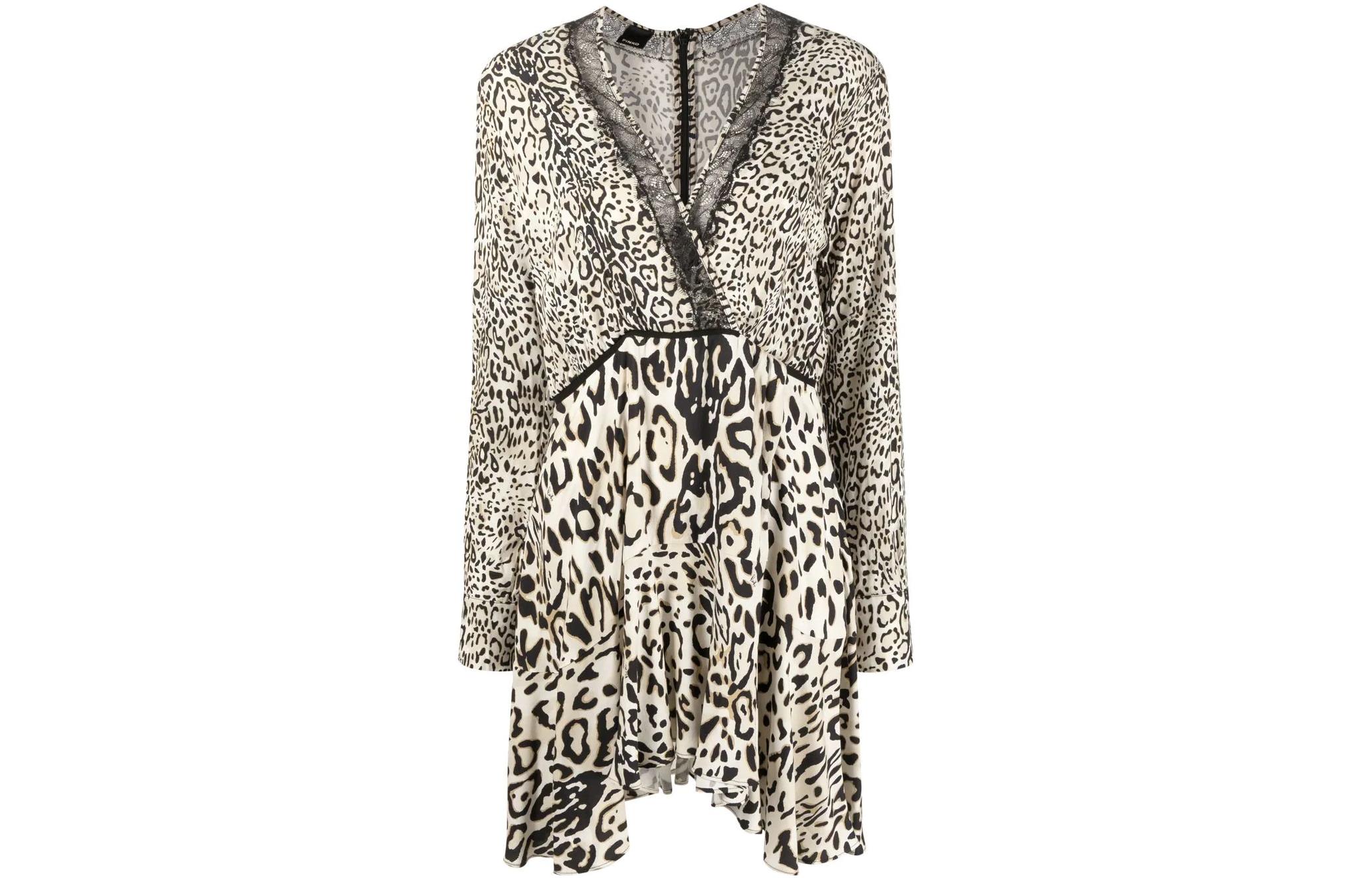 PINKO FW22 Brown Leopard Print V-Neck Slim Fit Long Sleeve Dress 1G18FZA08BCZ2