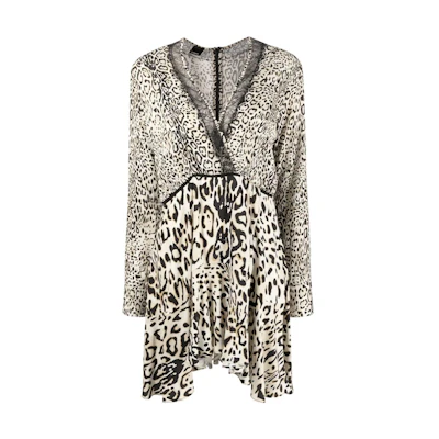 PINKO FW22 Brown Leopard Print V-Neck Slim Fit Long Sleeve Dress 1G18FZA08BCZ2