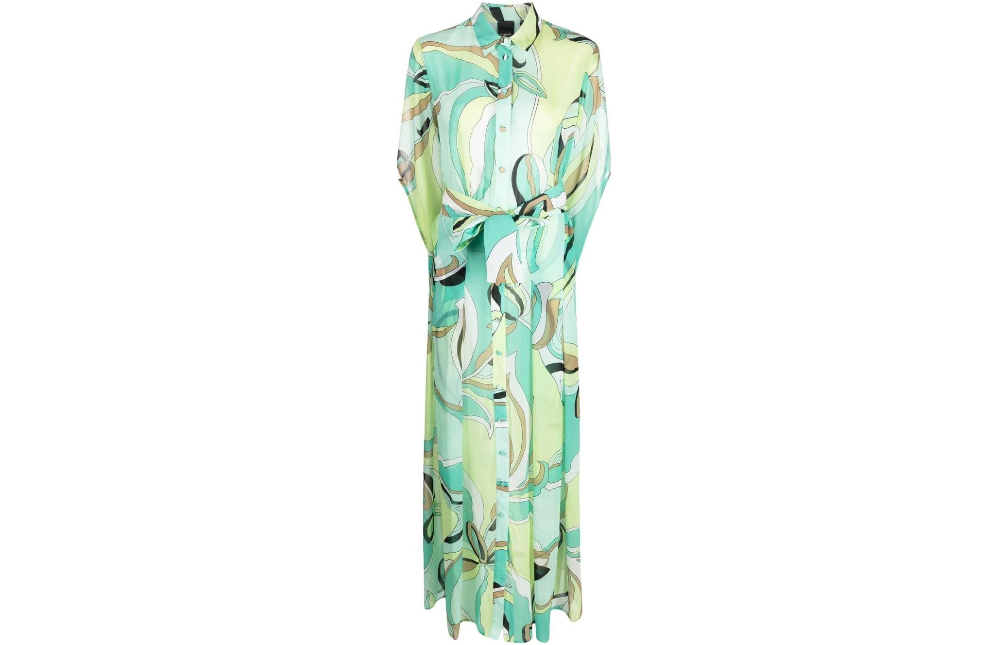 PINKO SS23 Pattern Printed Long-Sleeve Collared Dress Light Green 100109A0H9-SC3