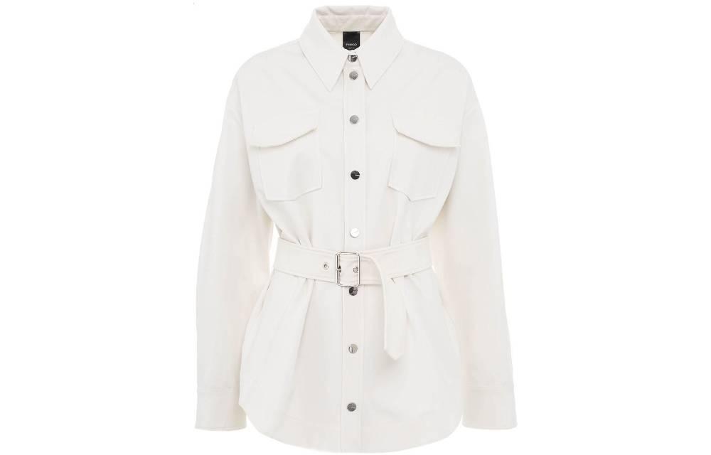 Pinko White Solid Jacket with Lapel Collar and Tie Waist 1G17K1587221C03
