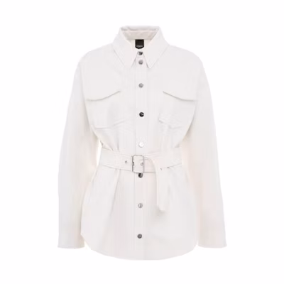 Pinko White Solid Jacket with Lapel Collar and Tie Waist 1G17K1587221C03