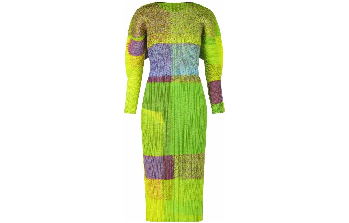 PLEATS PLEASE ISSEY MIYAKE FW22 Pleated Color Block Long Sleeve Dress Green PP23JH704-62