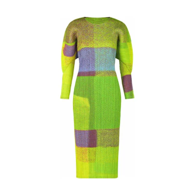 PLEATS PLEASE ISSEY MIYAKE FW22 Pleated Color Block Long Sleeve Dress Green PP23JH704-62