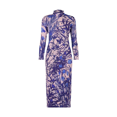 PLEATS PLEASE ISSEY MIYAKE SS23 Floral Print Pleated Turtleneck Dress Purple PP36JH685-81