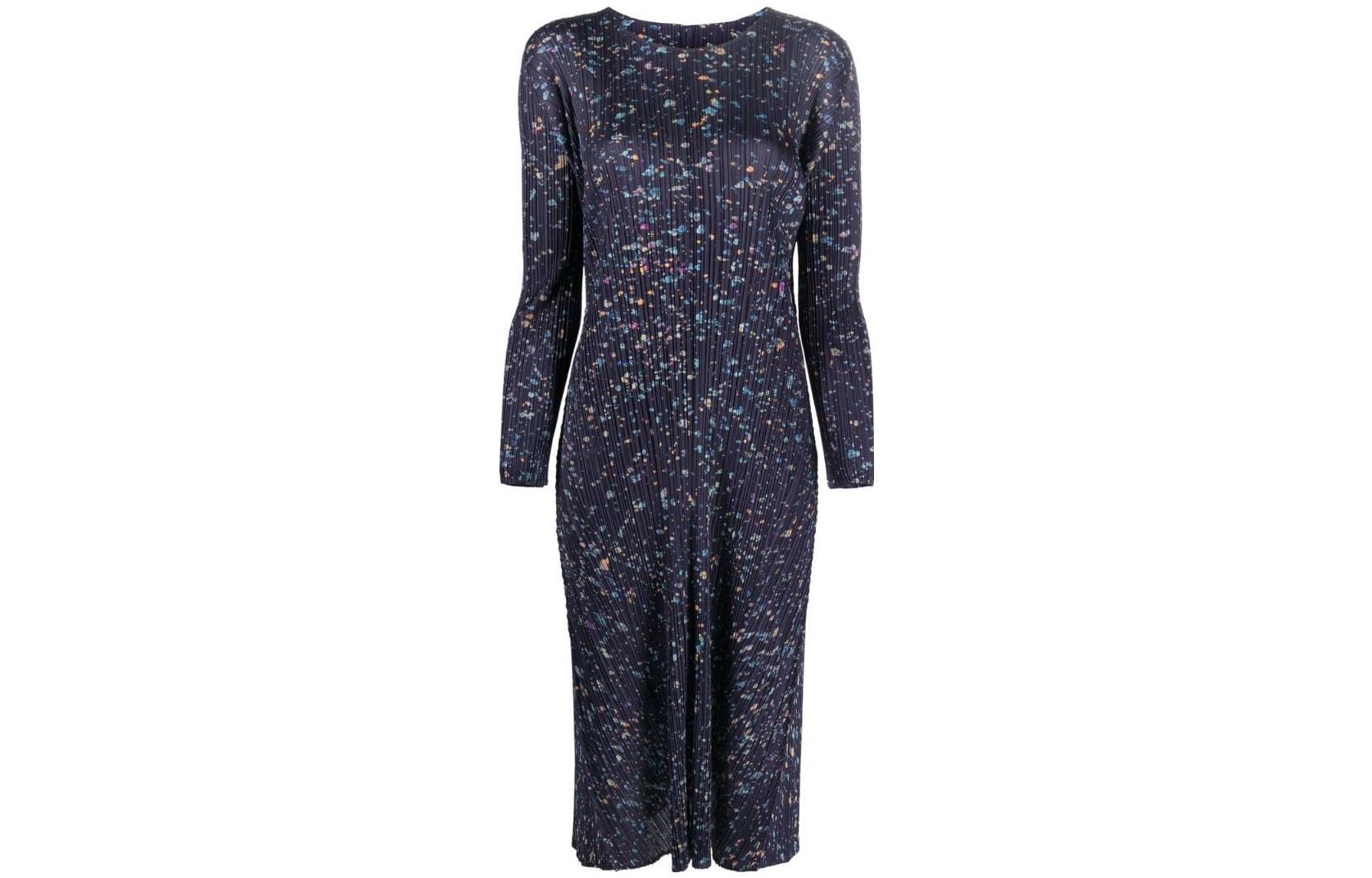 PLEATS PLEASE ISSEY MIYAKE SS23 Printed Pleated Midi Dress Navy Long Sleeve PP28JH725-75