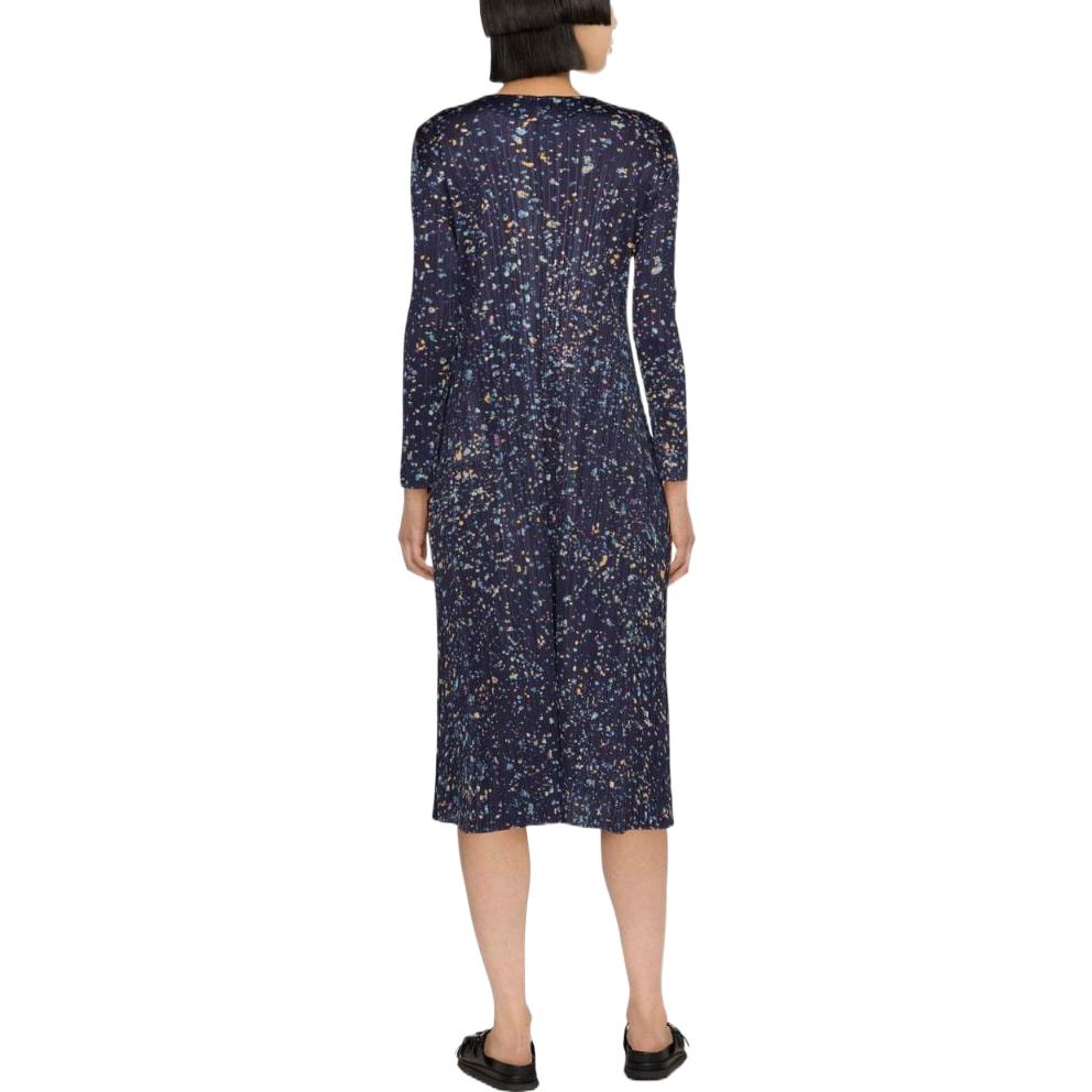 Shop PLEATS PLEASE ISSEY MIYAKE SS23 印花百褶中長洋裝 海軍藍 長袖 PP28JH725-75