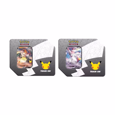 Poké TCG 25th Anniversary Celebrations Large Tin Lances Charizard V/Dark Sylveon V 2x Bundle