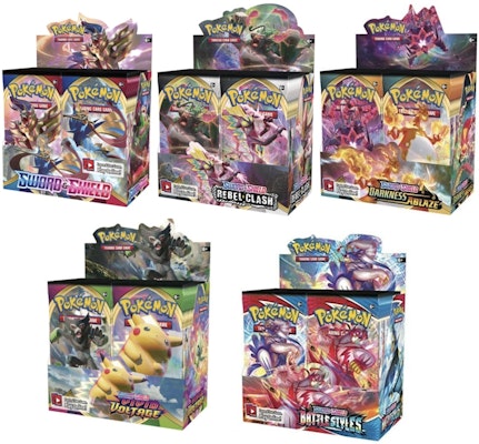 Pokémon TCG Sword & Shield Booster Box Bundle (Base/Rebel Clash/Darkness Ablaze/Vivid Voltage/Battle Styles) Buy Pokémon TCG Sword & Shield Booster Box Bundle (Base/Rebel Clash/Darkness Ablaze/Vivid Voltage/Battle Styles)