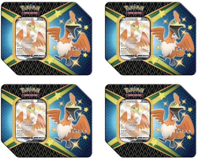 pokemon-tcg-sword-and-shield-shining-fates-cramorant-v-tin-4-x-lot-6-booster-packs
