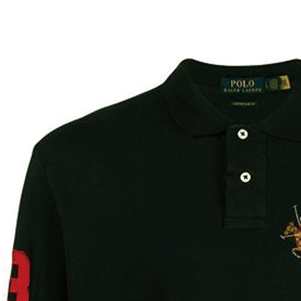 Shop Polo Ralph Lauren 黑色长袖字母骑士设计 Polo 衫 710814769-001