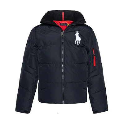Polo Ralph Lauren Black Puffer Jacket with Hood and Rider Graphic. 710716127-001