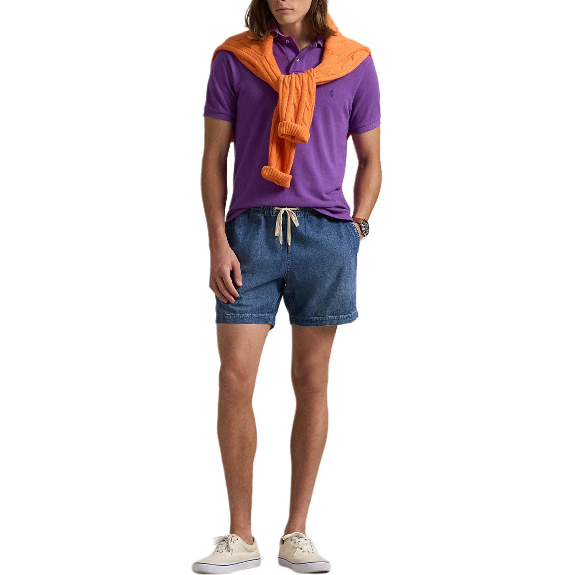 Lookbook Polo Ralph Lauren 藍色中腰抽繩丹寧短褲馬球標誌設計。 MNPODNM10920079-400