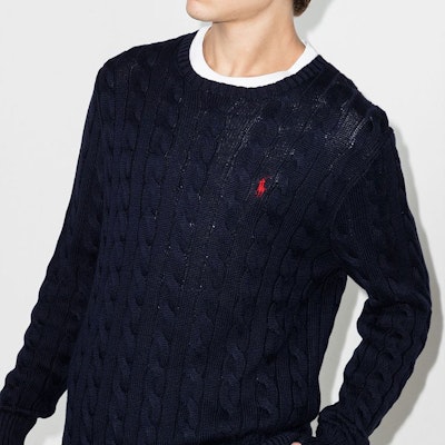 Polo Ralph Lauren Cable Knit Crewneck Sweater - Navy Blue. 710775885-001 Details for Polo Ralph Lauren Cable Knit Crewneck Sweater - Navy Blue. 710775885-001
