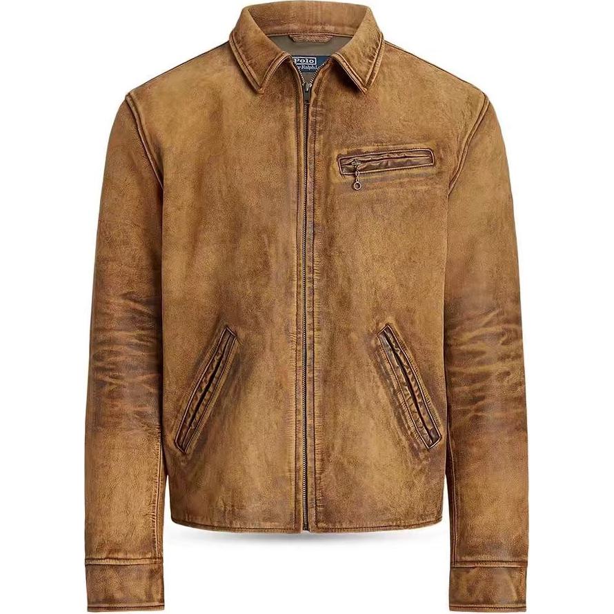 Polo Ralph Lauren  Caramel Brown Leather Jacket with Zip and Pointed Collar. 710928561-001