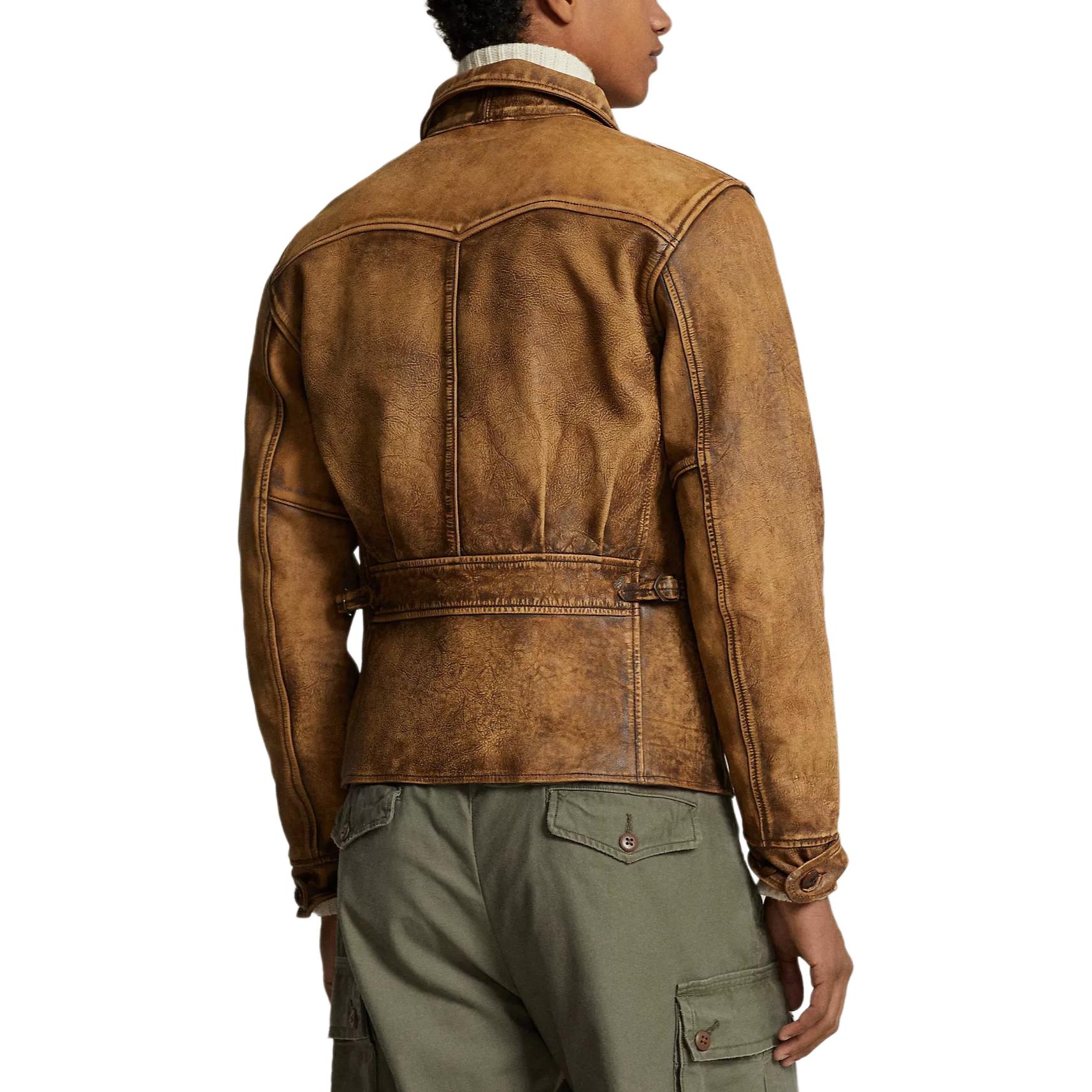 Shop Polo Ralph Lauren 焦糖棕色皮革外套 拉鍊設計 尖領款式 710928561-001