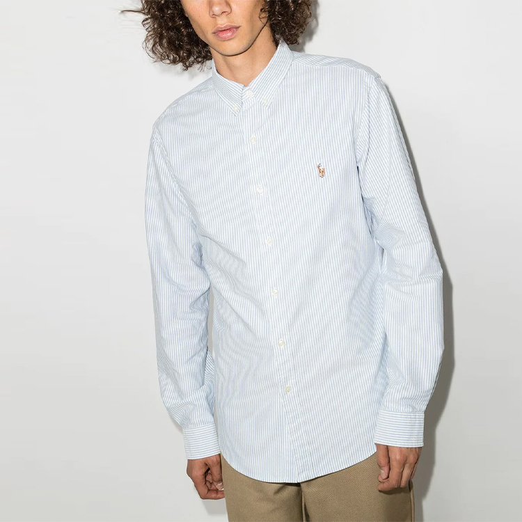 Shop Polo Ralph Lauren  Light Blue Striped Button-Up Shirt with Logo Embroidery 710549084-009