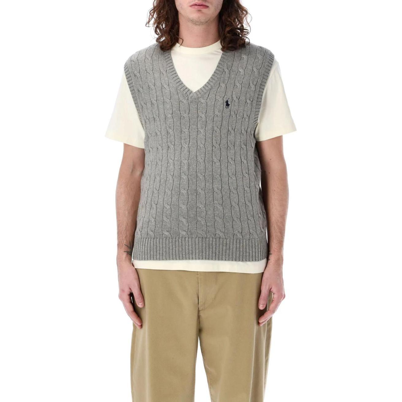 Lookbook Polo Ralph Lauren Logo Jalur V-Leher Tanpa Lengan Pullover Vest Kelabu. 710860352C-006